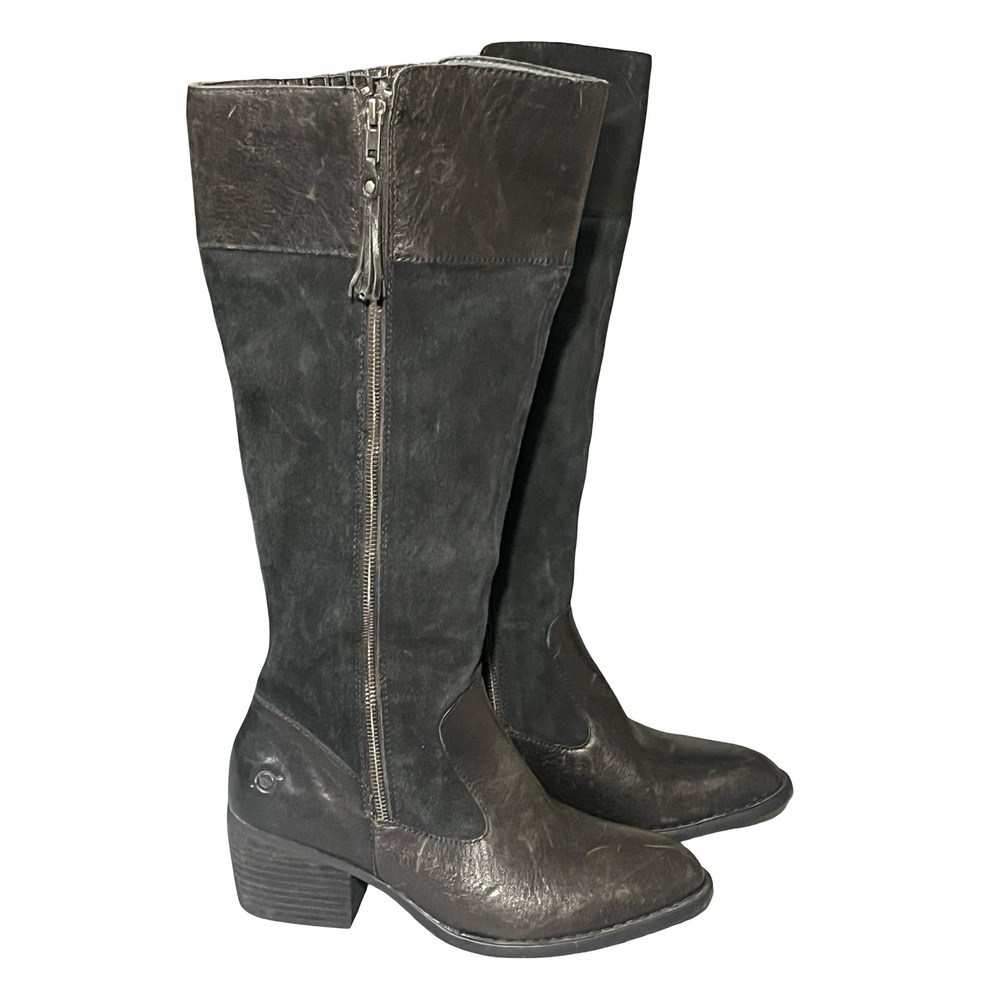 Born Women Black Leather Suede Tall Knee High Boots Block Heel Size 11